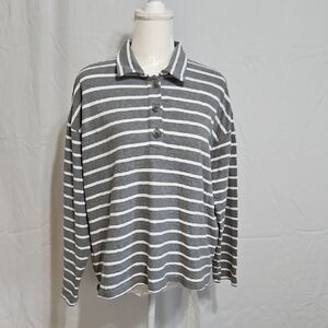 LOFT Gray and White Striped Long Sleeve Knit Top
